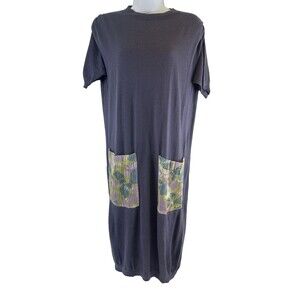 Goyo Mongolia Cashmere Silk Sweater Dress Purple Gray Floral Pockets Crew Small